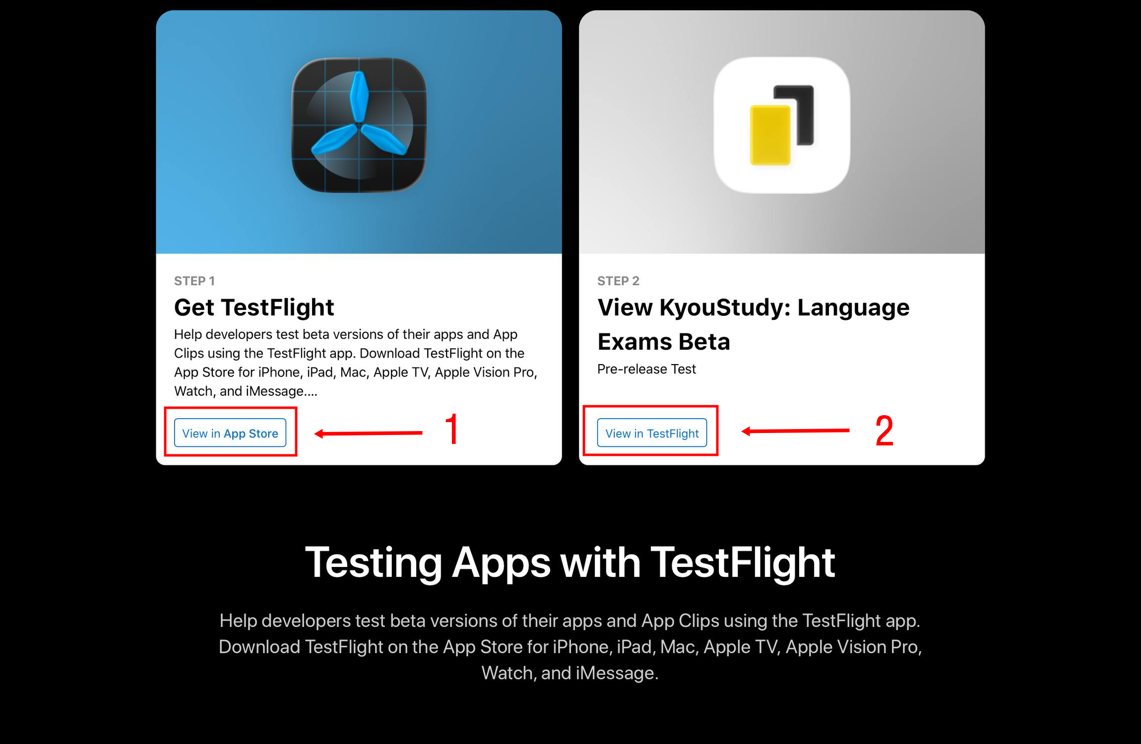 Numbered example showing the buttons for installing TestFlight and opening KyouStudy in TestFlight